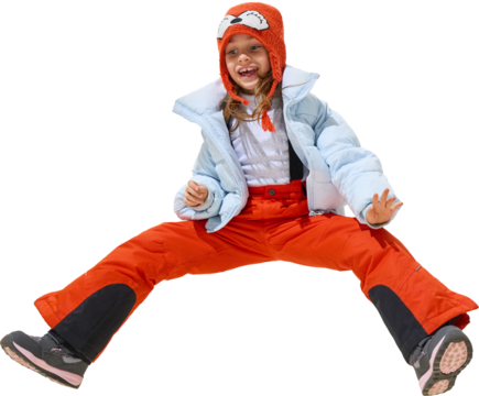 Laughing girl in red snow pants and blue jacket sitting playfully on transparent background. Concept of cheerful winter activity, carefree childhood, and expressive kids fashion.