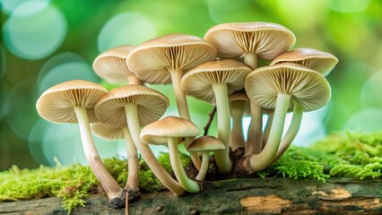 Fungal fruiting body with reishi mushroom caps and stems in a lush green forest surroundings