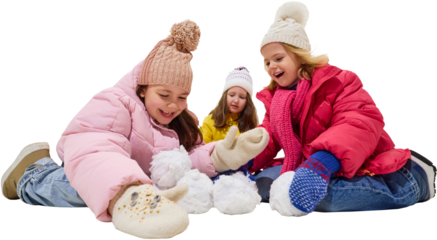 Three girls sitting on snow making snowballs and laughing on transparent background. Concept of joyful friendship, creativity, and cozy kids winter fashion in soft textured materials.