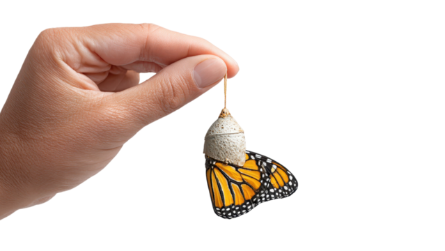Hand Holding Monarch Butterfly Chrysalis on White, Metamorphosis Concept.