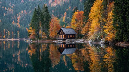 Fototapeta premium Serene Autumn Landscape with Reflections of a Cozy Cabin Amidst Vibrant Fall Foliage by a Calm Lake Surrounded by Majestic Forest Trees