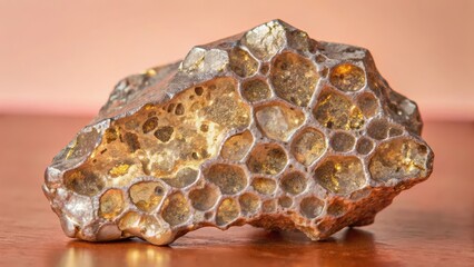 Meteorite fragment with intricate geological patterns and metallic sheen in a dark background