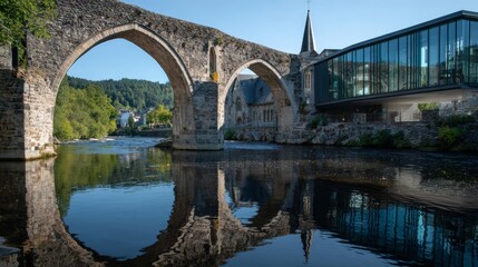 Fototapeta premium Stone arch bridge reflecting in still water, paired with modern architecture, showcasing a town, sunny day