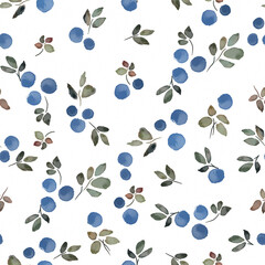 Seamless watercolor textured print featuring blueberries on a light background.

