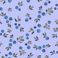 Seamless watercolor textured print featuring blueberries on a light background.
