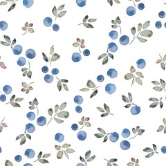 Seamless watercolor textured print featuring blueberries on a light background.
