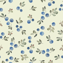 Seamless watercolor textured print featuring blueberries on a light background.
