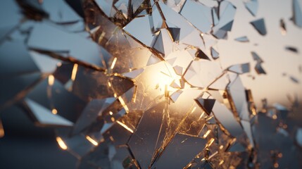 Shattered glass explodes with a bright light in the background. Fragments sparkle and reflect light, creating a dramatic effect