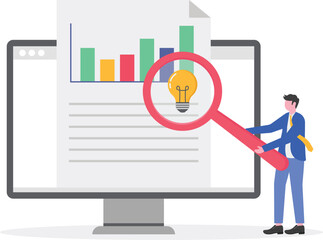 Businessman examining document with graph using magnifying glass marked with lit lamp illustration of applying the right business idea to improve business performance
