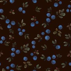 Seamless watercolor textured print with blueberries on a dark background.