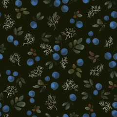 Seamless watercolor textured print with blueberries on a dark background.