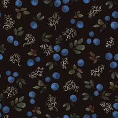 Seamless watercolor textured print with blueberries on a dark background.