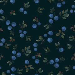 Seamless watercolor textured print with blueberries on a dark background.