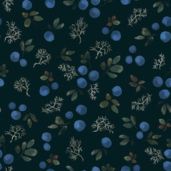 Seamless watercolor textured print with blueberries on a dark background.