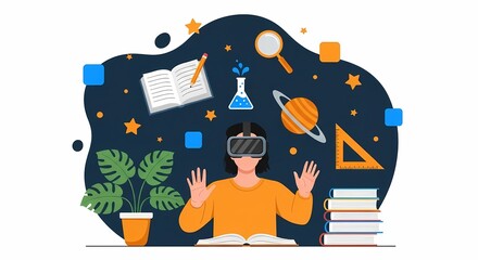 A person wearing virtual reality goggles explores a colorful educational environment filled with books, plants, and science icons to enhance learning and creativity.