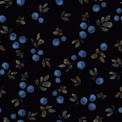 Seamless watercolor textured print with blueberries on a dark background.