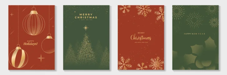 Fototapete Superhelden Luxury Christmas Greeting Card Vector Set with Golden Line Pine Tree, Holly Leaves, and Ornaments in Red and Green Background for Invitations, Posters, Wall Art, Social Media, Packaging.  © TWINS DESIGN STUDIO