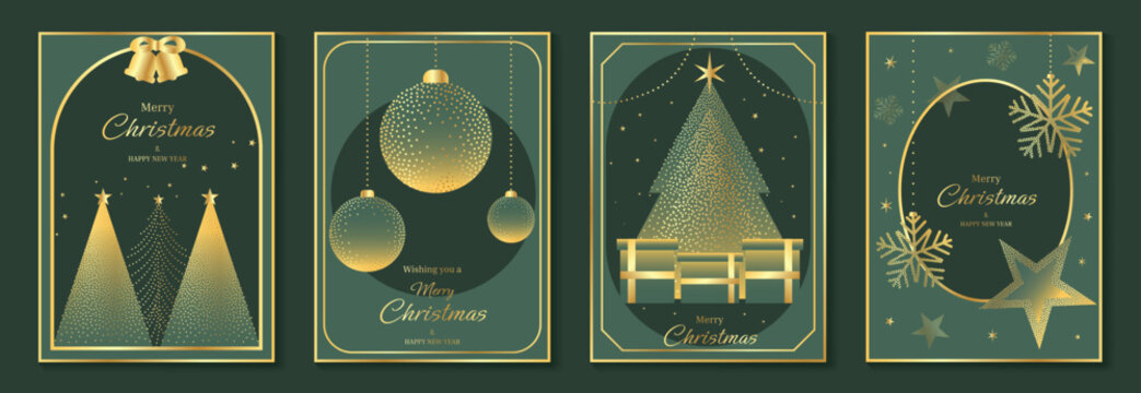 Modern Luxury Christmas Greeting Card Vector Set in Green and Gold with Stars, Ornaments, and Holiday Elements for Invitations, Posters, Social Media, Packaging, and Seasonal Decorations