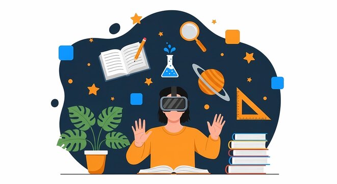 Virtual Reality Education Student with VR Headset Learning Science and Math - Powered by Adobe
