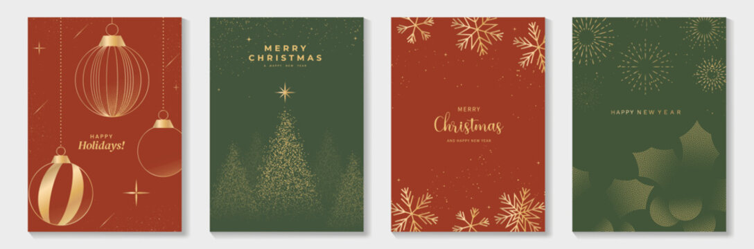 Naklejki Luxury Christmas Greeting Card Vector Set with Golden Line Pine Tree, Holly Leaves, and Ornaments in Red and Green Background for Invitations, Posters, Wall Art, Social Media, Packaging.
