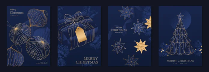 Fototapete Superhelden Modern Luxury Christmas Greeting Card Vector Set in Blue and Gold with Ornaments, Gift Box, Stars, and Geometric Pine Tree for Invitations, Posters, Wall Art, Social Media, Packaging, and Holiday Deco  © TWINS DESIGN STUDIO