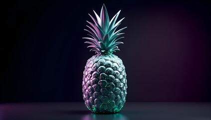 A pineapple glowing in neon green and purple, showcasing a colorful and artistic design.