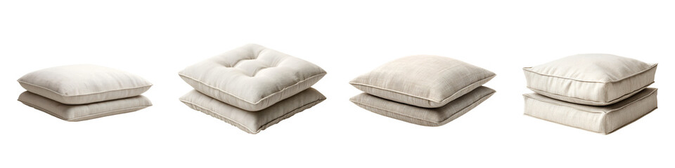 Neutral Floor Cushions: Stacked Pillows on White Background.
