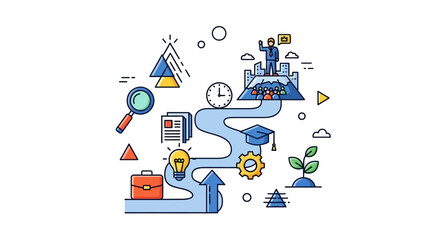 A conceptual illustration of the winding roadmap to career success, showing stages of growth and goal achievement