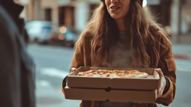 A radiant young woman with flowing brown hair smiles broadly, holding open two stacked cardboard pizza boxes to reveal a delicious, freshly baked pizza. The background is a gently blurred urban street