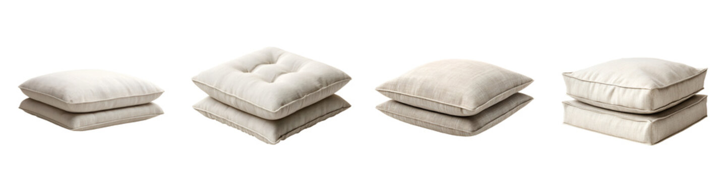 Neutral Floor Cushions: Stacked Pillows on White Background.
