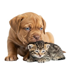 A curious light fawn Dogue de Bordeaux puppy with ice-blue eyes gently mouths a tiny striped tabby kitten on a transparent studio background with copy space, innocent interspecies friendship