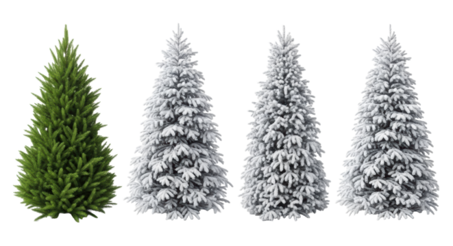 Six individual evergreen fir and spruce trees, some lush green, others snow-coated, isolated on a transparent background with soft studio lighting. Winter design concept
