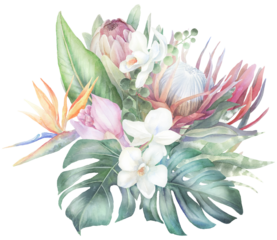 tropical paradise watercolor design, PNG frame, hand-painted border, exotic flower, paradise island wedding invitation