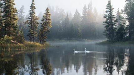 Obraz premium Morning mist blankets a serene lake where two swans gracefully glide amidst towering evergreen trees. The water reflects the scene