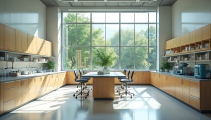 Bright modern lab interior with large window looking onto green trees. Wood cabinets line walls filled with research supplies. Central table with chairs. Natural light streams into clean workspace.