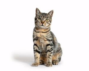 Obraz premium Adorable tabby cat sitting pretty with captivating eyes against a clean white backdrop, perfect for pet adoption campaigns and heartwarming animal stories