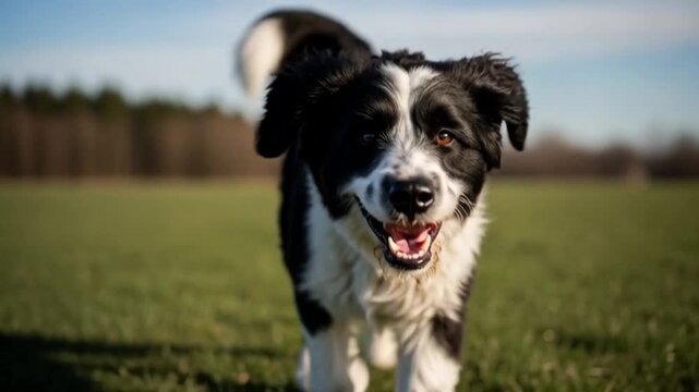 Energetic border collie puppy running through a sun-drenched green field, cheerful dog having fun