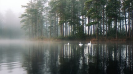 Obraz premium Serene lake scene with mist, tall trees, and graceful white birds swimming. The tranquil waters mirror the landscape