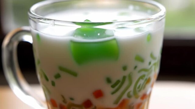 Delicious and Refreshing Indonesian Cendol Drink Served in a Glass Cup Against a Sunny Backdrop