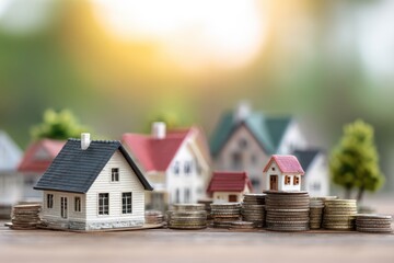 Miniature Houses on Coin Stacks Increasing Property Value Housing Market Growth Financial Investment Real Estate Wealth Accumulation Saving Money Affordability Homeownership Dream Future Security