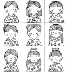 A collection of nine handdrawn black and white portraits of cute girls in floral kimonos with various traditional Japanese hairstyles.