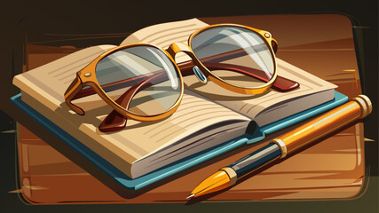 Very beautiful pair of elegant reading glasses resting on an open notebook with a golden pen, evoking focus, intellect, and sophistication.
