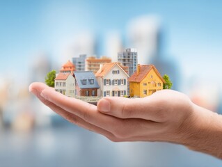 Sustainable Urban Living Represented by Miniature Houses and City Skyline Held in Hand: Real Estate Investment and Future Housing Development in Metropolitan Areas