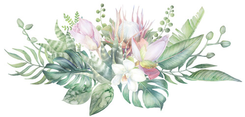 tropical paradise watercolor design, PNG frame, hand-painted border, exotic flower, paradise island wedding invitation