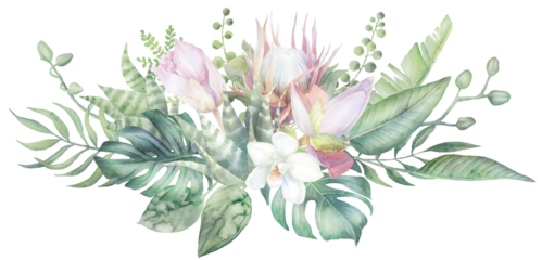 tropical paradise watercolor design, PNG frame, hand-painted border, exotic flower, paradise island wedding invitation