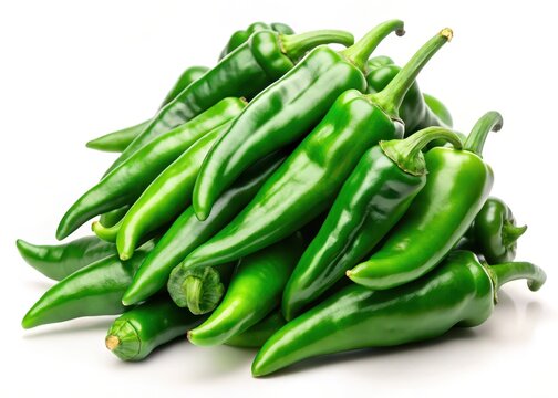 Fresh green chilli heap on white background