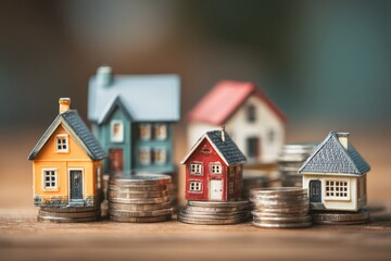 Real Estate Investment Miniatures Housing Market Value: A Stacked Coin and Small House Model Concept Illustrating Property Growth Mortgage Finance And Savings for Home Ownership Dreams