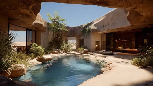 Desert Cave Modern House Pool Tropical: Earth-toned adobe structure carved into sandstone cliffs with infinity pool, palm trees, curved doorways, and blue sky views, luxurious desert oasis blending na