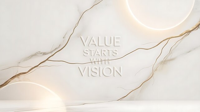 Value starts with vision text on a white marble background with gold veins and glowing circle lights .