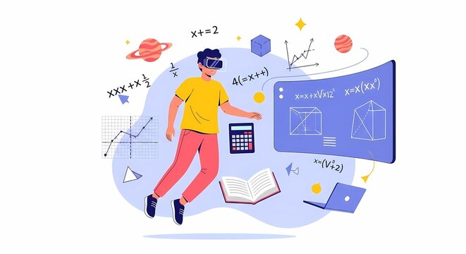 Student Immersed in Virtual Reality Learning Math Science and Geometry with Futuristic Technology